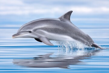 A dolphin leaping above the water with a clean ocean background