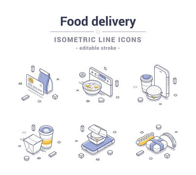 Diverse food delivery elements represented as isometric line icons, illustrating a variety of meals and delivery items. Vector illustration