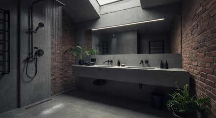 Modern Industrial Bathroom Design: Dark Concrete and Brick Walls, Sleek Fixtures