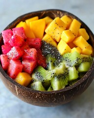 Colorful Tropical Fruit Salad in Coconut Bowl