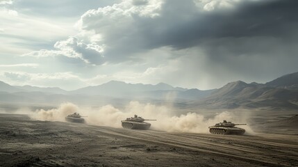 there are two tanks that are driving on a dirt road, futuristic battle tank