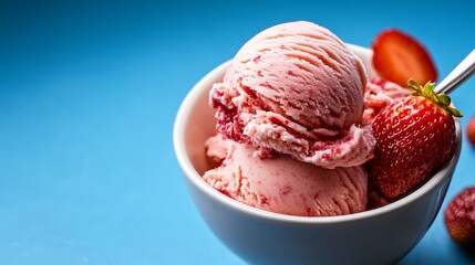 Bowl of strawberry ice cream with a strawberry on top. The bowl is white and the ice cream is pink