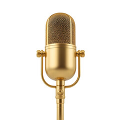 microphone isolated on white background, golden microphone on white background, Symbol of Music, Voice, and Award Performance in Media,  Metal Mic Icon for Singing, Recording, and Entertainment