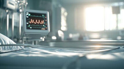 Obraz premium A hospital room with a focus on a bed and a medical monitor displaying vital signs, illuminated by soft natural light.