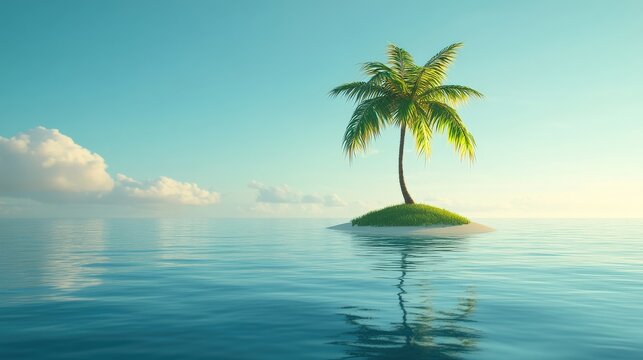 Serene Island with Palm Tree in Calm Ocean Waters