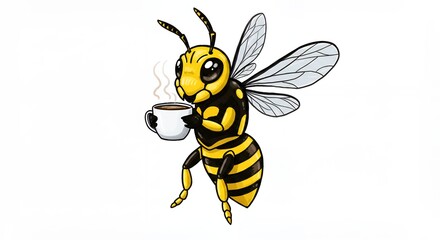 Cartoon bee drinking coffee illustration design