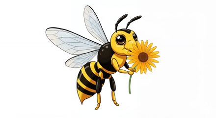 Cartoon honeybee holding sunflower