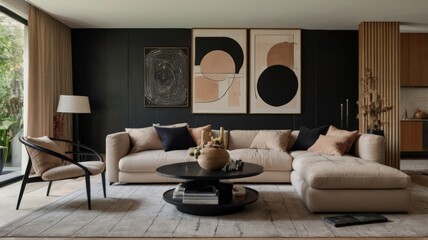 Modern living room with sculptural black accent chair and decor