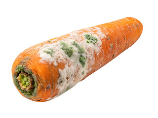 Close-up of Mouldy rotten spoiled  Carrots with White and Black Spores isolated on transparent white background, png.