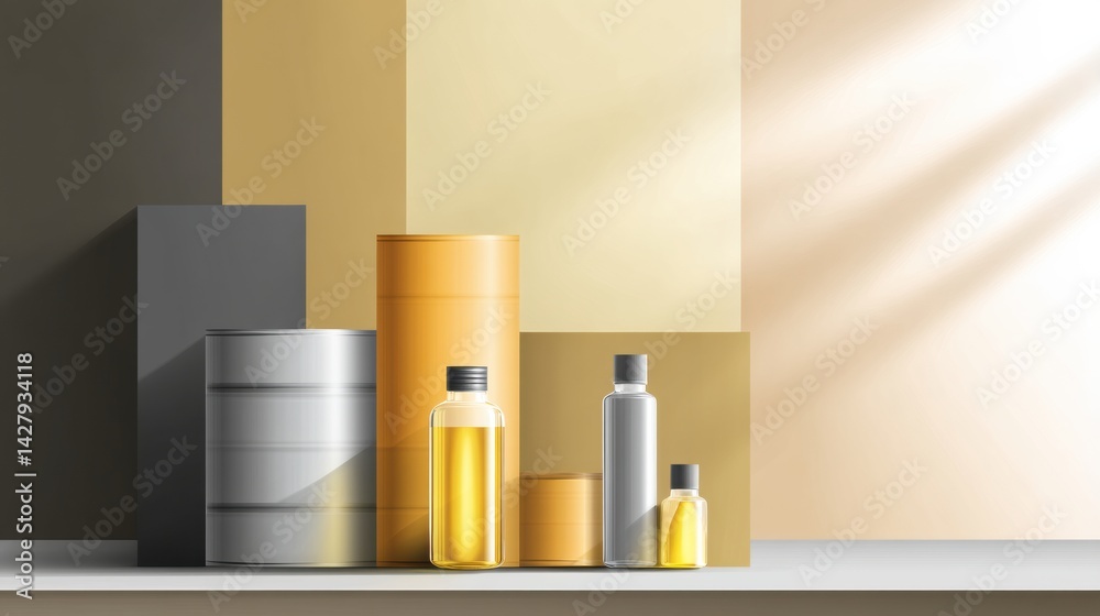 Poster Clean Mockup Background for Corporate Presentation Featuring Oil Containers in Various Shapes and Sizes
