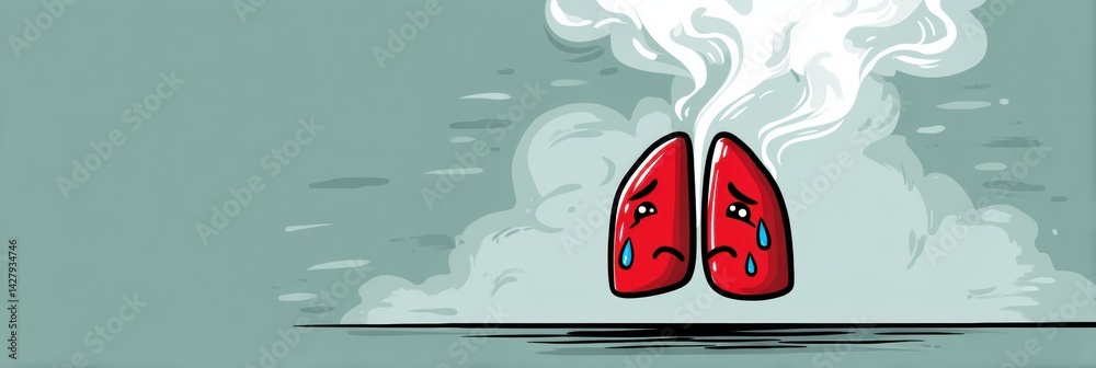 Poster sad cartoon lung character crying smoke expresses emotional struggle over pollution and health conce