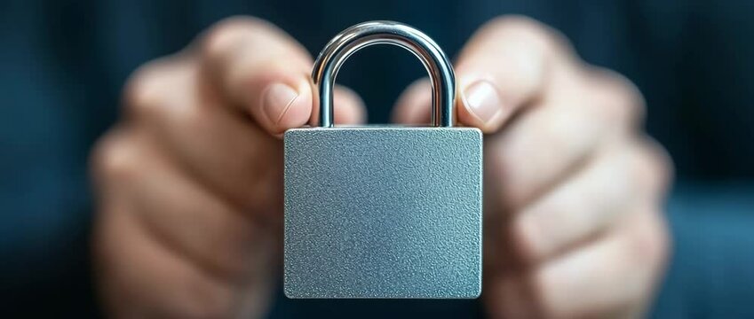 Security in Hands: A close-up shot presents a silver padlock held securely between two hands, a symbol of protection and digital safety in an increasingly interconnected world.