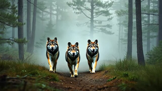 Three Wolves running wild through the mystical forest on a foggy day, wildlife scenery