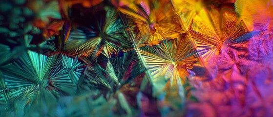 Holographic sacred geometry patterns with prismatic light fractals and retro distortion effects, tech-driven editorial design for music album visuals and cybernetic branding
