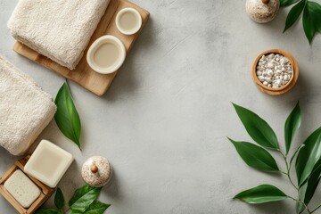 Fototapeta premium Relaxing spa setup with towels, bowls, and natural elements for ultimate serenity