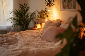 Cozy Bedroom Interior with Warm Lighting and Lush Greenery