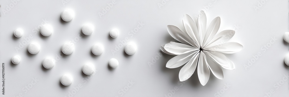 Poster clean white pill arranged to form a blooming flower shape embodying wellness and minimalism in a ser