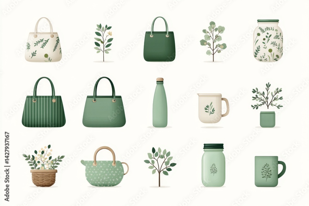 Wall mural abstract icon set of reusable items including bottle tote and jar in clean layout