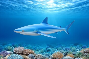 Fototapeta premium An underwater camera capturing a shark swimming gracefully through deep sea