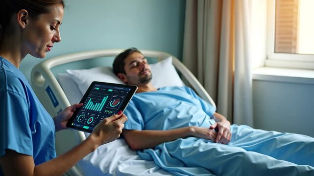 The nurse monitoring patient vitals through a smart tablet connected to wireless sensors on the patient, screen displaying detailed health metrics