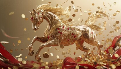 Golden Horse Sculpture with Coins - Chinese Year of the Horse Celebration