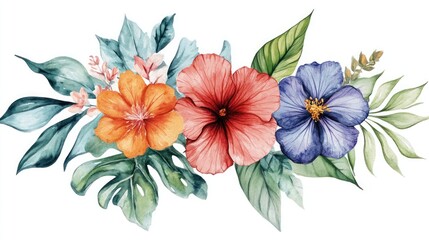Watercolor composition of various flowers and leaves. -
