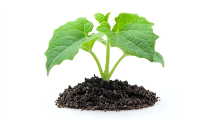 A small green plant sprouting from a pile of dark soil against a stark white background