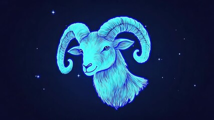 Glowing blue ram symbolizing aries zodiac sign in starry night sky - Powered by Adobe