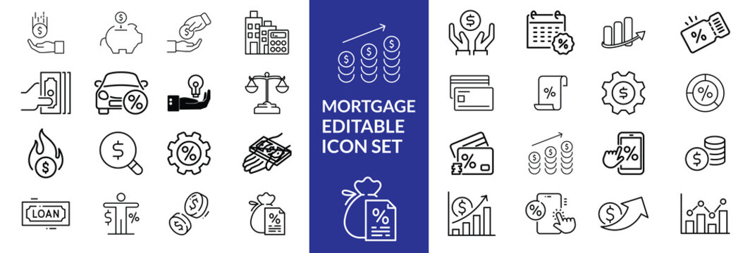 loan line icons. Mortgage, credit, debt, tax etc. Editable stroke Mortgage icon set .