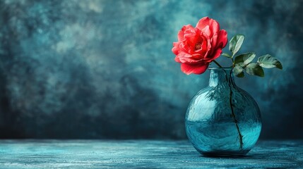 Red rose in teal glass vase on textured backdrop