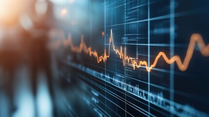 A blurred image showcasing a dynamic stock market chart with fluctuating lines and light reflections, suggesting financial activity.