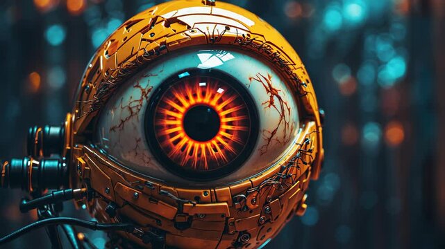 Close-up of a futuristic rusty yellow robot eye that look like camera or device with large lens, set against blue blurred background, steampunk style - Powered by Adobe