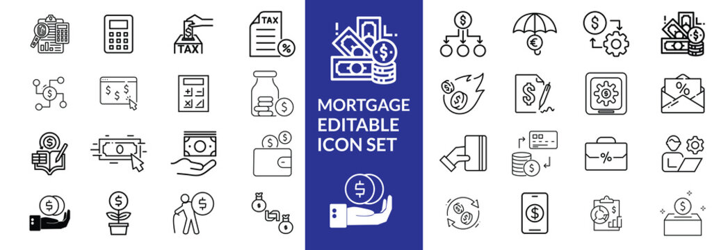 loan line icons. Mortgage, credit, debt, tax etc. Editable stroke Mortgage icon set .