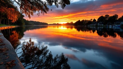 Scenic sunset over calm river with colorful sky reflection, trees, and houses along the shoreline