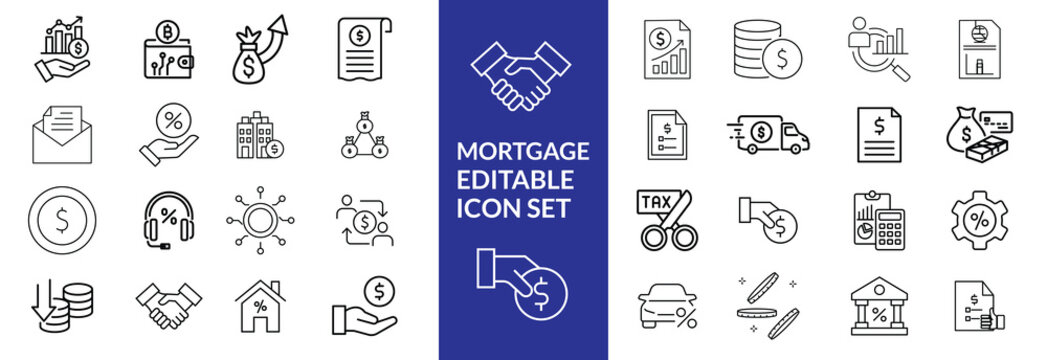 loan line icons. Mortgage, credit, debt, tax etc. Editable stroke Mortgage icon set .