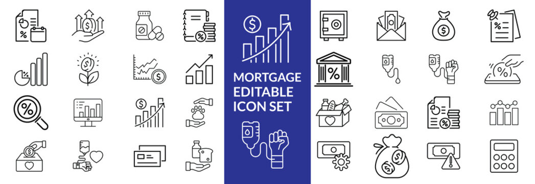 loan line icons. Mortgage, credit, debt, tax etc. Editable stroke Mortgage icon set .