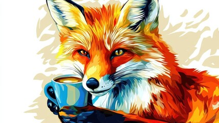 Fox Holding a Cup of Coffee in Vibrant Colors