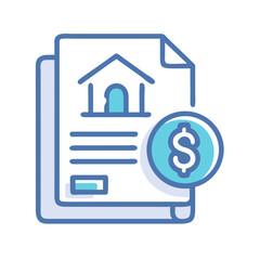 Mortgage document with dollar coin icon, home loan agreement illustration