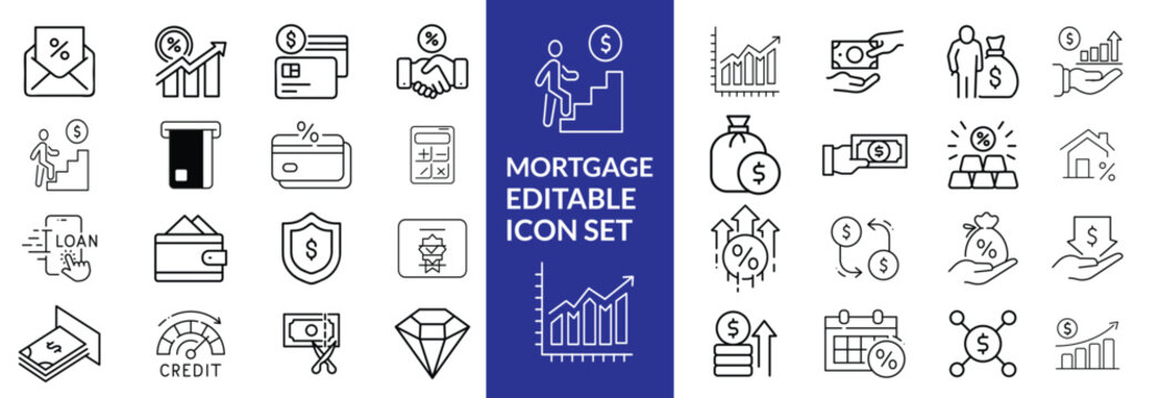 loan line icons. Mortgage, credit, debt, tax etc. Editable stroke Mortgage icon set .