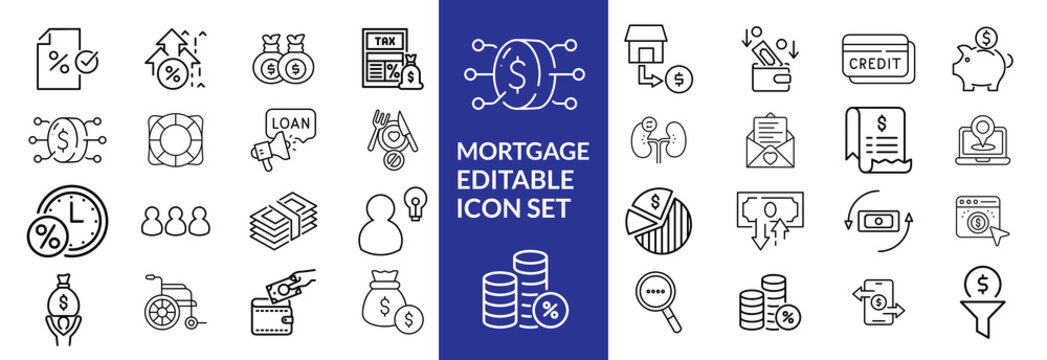 loan line icons. Mortgage, credit, debt, tax etc. Editable stroke Mortgage icon set .