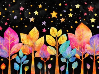 Colorful, whimsical forest of trees under a starry night sky.