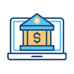 Online Banking Icon: Laptop Screen Displaying a Bank Building