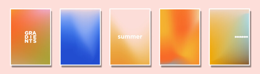 Fototapeta premium Summer and Autumn Gradient abstract poster templates with removable white borders. Blue, Yellow, and tangerine orange gradation abstract templates. Vector Illustration.