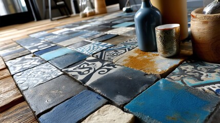 Artistic display of various ceramic tiles and pottery on a rustic wooden table with natural light