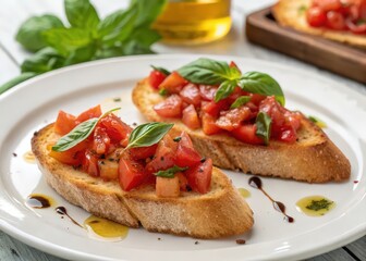 Two pieces of toasted bread with tomato sauce and basil leaves on top.