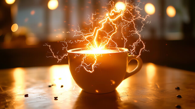 Cup of coffee with vibrant electric sparks glowing in a cozy setting
