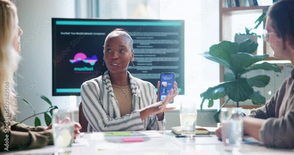 Poster Business woman, phone screen and presentation for app development, explain UI or application functions for funding. Meeting, pitch for investors or collaboration with UX designer and mobile tech