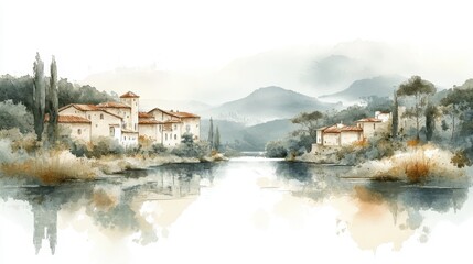 Fototapeta premium A serene watercolor landscape depicting a tranquil village by a lake, surrounded by mountains and lush greenery.