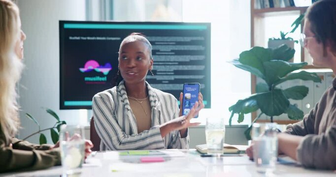 Business woman, phone screen and presentation for app development, explain UI or application functions for funding. Meeting, pitch for investors or collaboration with UX designer and mobile tech