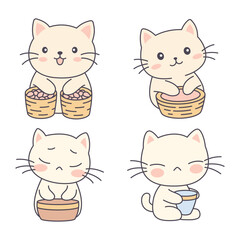 Set of Cute Orange Kitten Little Cat Pet Animal Cartoon Character is Eating and Drinking
